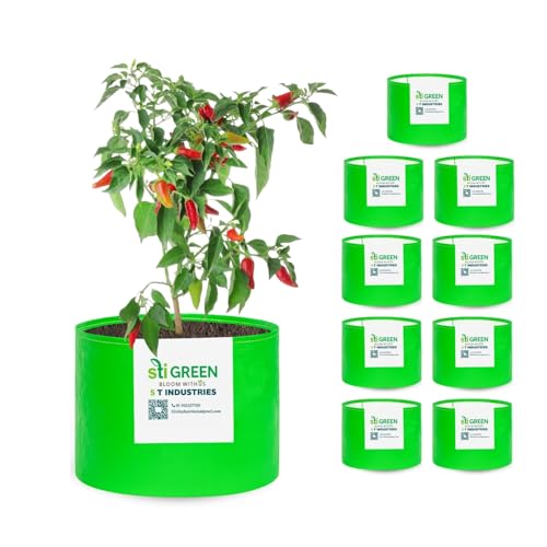 Image of HDPE Grow Bags for Plants 15X9 Inch (Pack of 10) | 260 GSM Heavy Duty UV-Protected Round Green Colour Plant Bags for Terrace and Vegetable Gardening | Strong & Reusable|