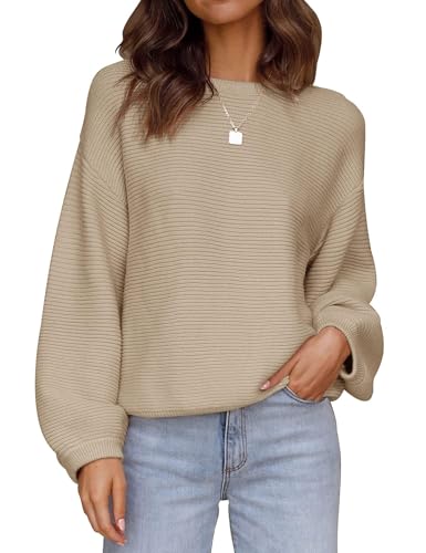 Image of ZESICA Women's Crew Neck Long Lantern Sleeve Fall 2026 Casual Loose Ribbed Knit Solid Soft Pullover Sweater Tops