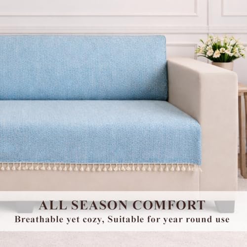 Image of STITCHNEST Jute Sofa Cover - Turquoise, 48x60 Inch | Soft Textured Fabric with Tassel| Full Coverage Sofa for Living Room Decor
