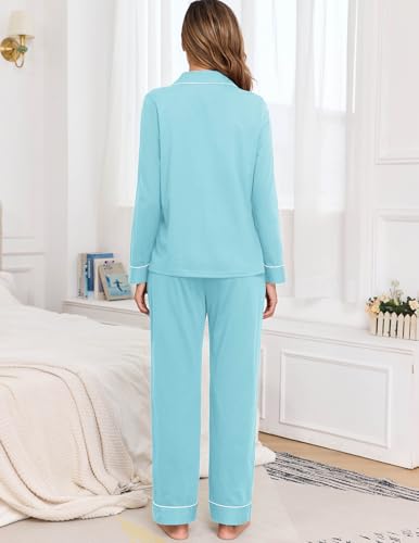 Image of Veseacky 100% Cotton Women's Pajama Set Long Sleeve Button Down Sleepwear Soft Pjs Lounge Sets Nightwear Pjs XS-XXL