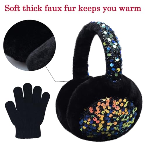 Ear Muffs Gloves Set for Kids Girls Winter Ear Muffs Adjustable Sequins Warm Earmuffs Furry Outdoor4