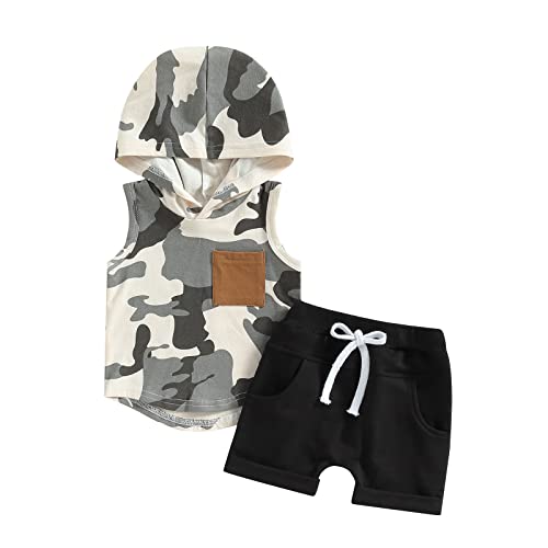 Image of BemeyourBBs Toddler Baby Boy Summer Outfit Hooded Top with Pocket and Elastic Waist Shorts Set Infant Boy Clothes