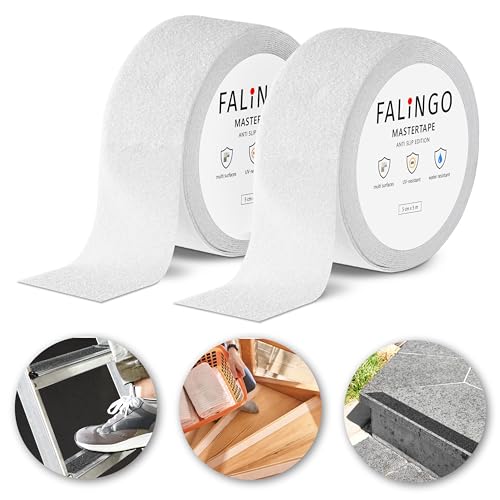 FALINGO Ruban adhésif antidérapant, 2 rouleaux 5 cm × 5 m, en PVC autocollant, pour escaliers et marches, à l'intérieur et à l'extérieur (Transparent)