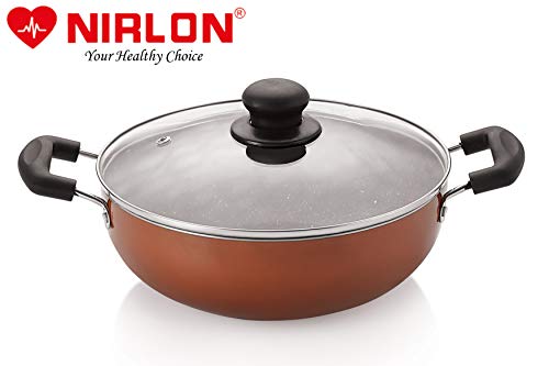 Image of Nirlon Brownie Granite 7-Piece Aluminium Non Stick Cookware Gift Set with Glass Lid & 3 Spoon Brown (Compatible with All Gas & stovetops Only)