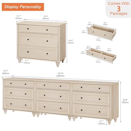 Image of WAMPAT Kids Dresser with 9 Drawers, Baby Dressers with Wide Chest of Drawers, Mid Century Modern Wooden Closet Storage Organizer, Large Wood Dressers for Bedroom, Nursery, Hallway, Beige, 102 inch