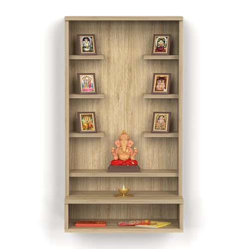 Image of BLUEWUD Shubh Mini Wall Mount Wooden Mandir for Home, Temple for Home, Pooja Stand with Storage Shelves for Idold & Frames, Compact Mandir Temple Unit for Shops & Office (DIY - European Oak)