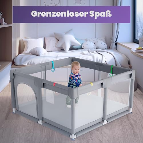JUPPLIES Laufstall Baby 120×120 cm – Laufgitter mit seitlicher Tür & atmungsaktivem Netz, rutschfest und stabil, Metallrahmen – ohne Spielmatte