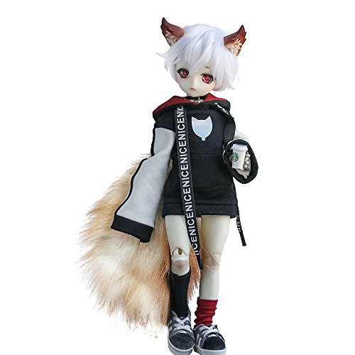 DOLLZONE Miyou, an Adorable bjd Doll with Clothes, Tail, Hair from dollzone Shop (White, Fox Ears with Makeup)