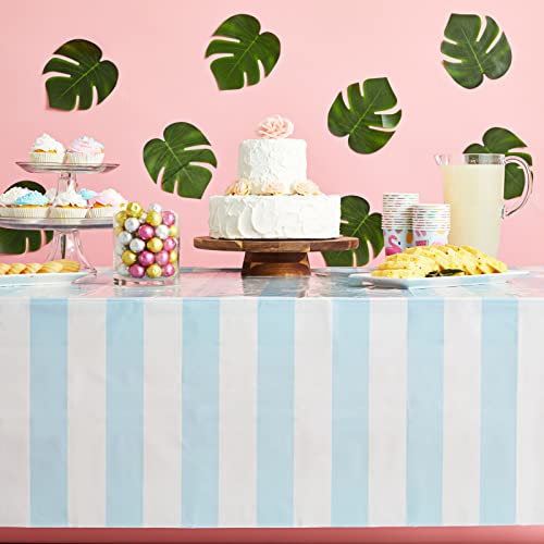 Image of BLUE PANDA Beach Table Cloth - 54 x 108 in, Light Blue & White, 3-Pack - Striped Plastic Tablecloth & Disposable Table Cover - Beach Party Decoration