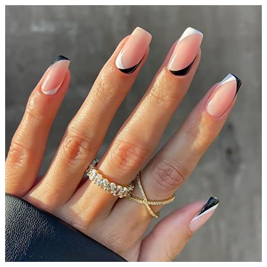 24 Pcs Press on Nails Short, Luvehandicraft Glossy Fake Nails Coffin, False Nails with Glue for Women and Girls (Black Mixed White)