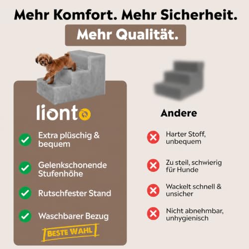 lionto Hundetreppe mit Plüschbezug, bis 50 kg belastbar, 3 Stufen, Hellgrau