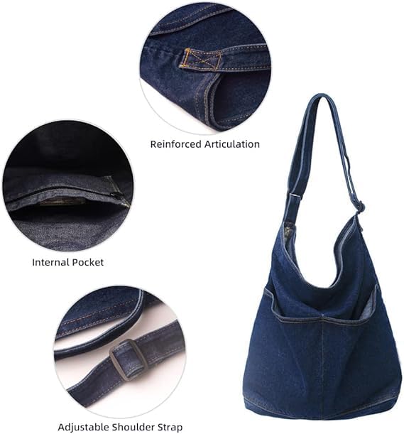 Bolso tipo Hobo de mezclilla ROUROU para mujer, bandolera y tote de gran capacidad miniatura 4