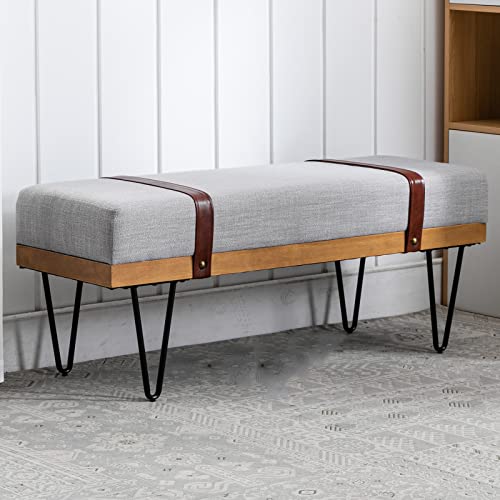 Duomay Industrial Modern Linen Rectangle Ottoman Bench With Pu Strap And Metal Legs, Mid Century Dining Table Bench Footstool Entryway Shoe Bench For Bedroom Dining Room Living Room, Grey #TOP13