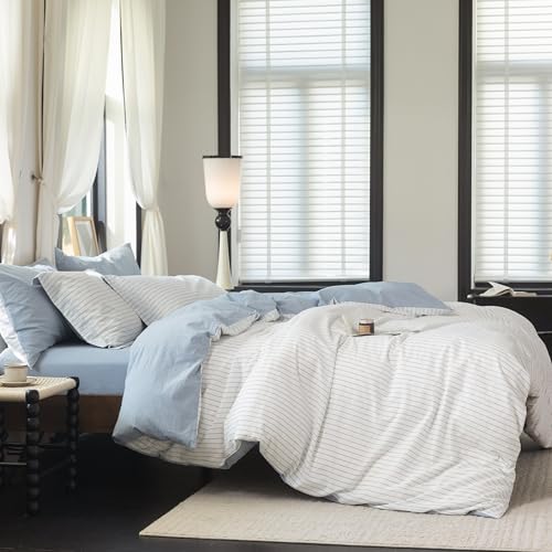 Warm Moment Reversible Duvet Cover Set 100% Washed Cotton Sky Blue Stripe Linen Feel Duvet Cover Queen Size with Zipper Closure & 2 Pillow Shams,Sky Blue/White Stripe Reverse Solid Sky Blue