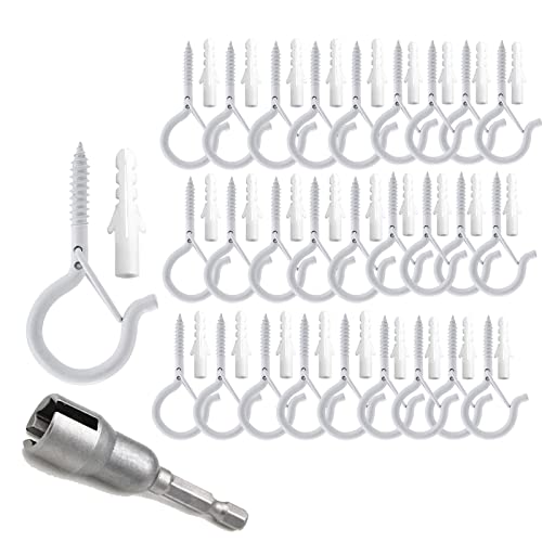 Image of TAIHUIMY Screw Hooks for Outdoor String Lights, Eye Hooks Q-Hanger Plants Christmas Rope Light Clips, Wind Chimes Decoration Hanging Safety Buckle Design, Include Wing Nut Driver (30)