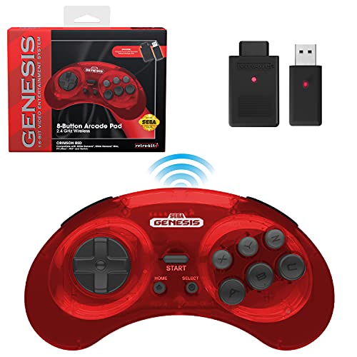 Retro-Bit Sega Genesis 2.4 GHz Wireless Controller 8-Button Arcade Pad for Sega Genesis Original/Mini, Switch, PC, Mac â€“ Includes 2 Receivers & Storage Case (Crimson Red)