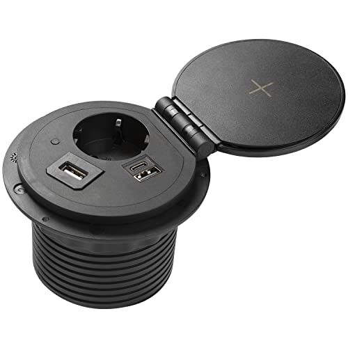 asvendo Runde Tischeinbausteckdose mit USB-A, USB-C und Wireless-Charge-Oberfläche und Modul (HDMI, LAN, USB oder beliebig) (schwarz) Cover