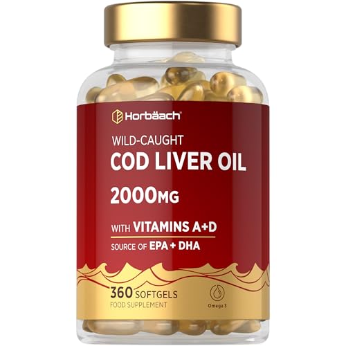 Cod Liver Oil Capsules High Strength | 2000mg | 360 Softgel Pills | Rich in Omega 3 Vitamins A & D | Supplement with 171mg of DHA and 151mg of EPA | by Horbaach
