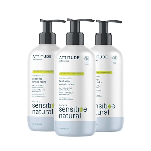 ATTITUDE Hand Soap for Sensitive Skin Enriched with Oat, EWG Verified, Dermatologically Tested, Vegan, Extra Gentle, Unscented, 16 Fl Oz (Pack of 3)