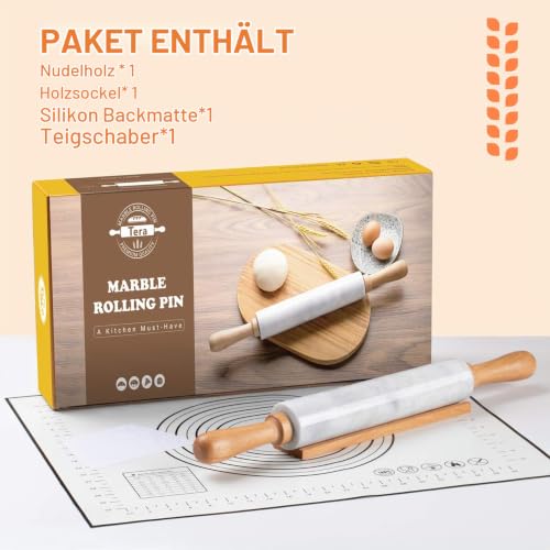 Foto von Tera Marmor Nudelholz Set Teigroller mit Holzgriff Wiege 25,4 cm Roller Weiß