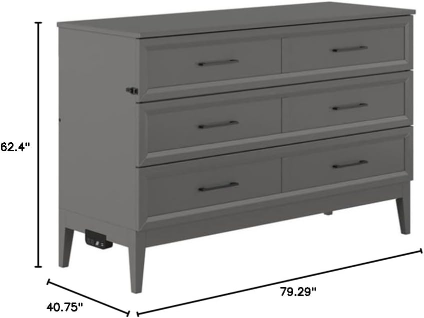 Pemberly Row Queen Murphy Bed Chest, Solid Wood, Gray Finish, Built-in USB Charger, Includes 6" Gel Memory Foam Mattress, Fold-Away Design for Space-Saving, Contemporary Style, Bedroom or Guest Room