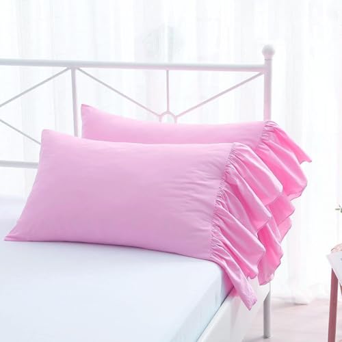 Pink Pillow Shams with Long Draps Ruffles Pillowcases Pure Cotton Standard Size 20"X26" 2-Pack