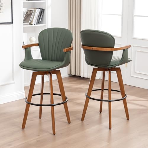 Image of LUNLING 26 inch Counter Height Stools Set of 3.Mid Century Modern Bar Stools,Green PU Leather Kitchen Island Stools,Wood High Barstools Swivel with Back and Arms for Home Bar Furniture