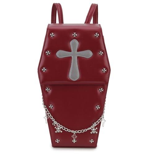fancybag Gothic doodskistvormige punk damesrugzak met kruisketting, hel-rode-doodskist, schoudertas voor dames, goth-accessoires, griezelige handtassen (rood), Rood, middle, Punk Gothic