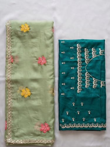 Image of Handcrafted Floral Embroidered Saree with Contrast Blouse