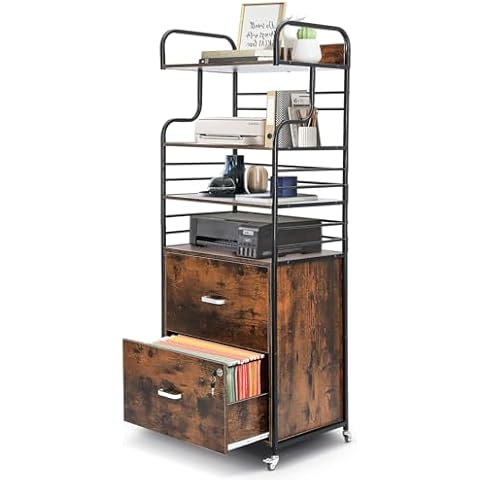 YORKING Vertical File Cabinet, 2 Drawer Mobile Filing Cabinet with 3 Bookshelf, Printer Stand with Open Storage Shelves Fits A4/Letter/Legal Size File Cabinets for Home Office Organizer, Brown Cover