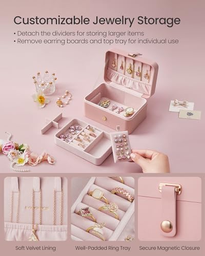 SONGMICS GISELLA Collection - Travel Jewelry Organizer, 2-Layer Jewelry Case Holder with Shiny Metal Hardware, Portable, Premium Velvet, for Earrings Necklaces, Jelly Pink UJBC166R01 - 5