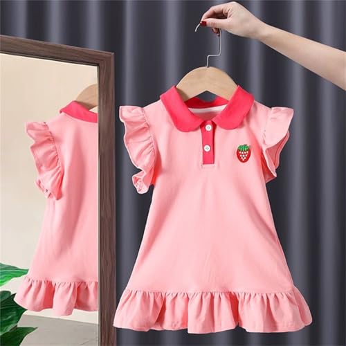 Girl's 2025 Summer Dresses Cotton Cute Strawberry Print Mini Dress Toddler Flutter Sleeve Doll Neck Preppy Dress 2-7y2