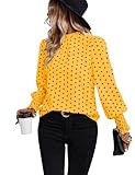 Women's Polka Dots Blouse Puff Ruffle Long Sleeve Shirts Tops Fall Pleated Front Frill Trim Mock Neck Tunic Top-Yellow-L