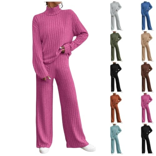 XINGJIAARTS Sweater Sets For Women 2 Piece Turtleneck Long Sleeve Tops Wide Leg Pants Matching Set Streetwear Lounge Pajama Hot Pink XX-Large (xx_l)