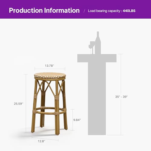 Image of PURPLE LEAF Patio Round Counter Height Stool Set of 2 Outdoor Backless Barstools Aluminum Frame in Bamboo Finish with Amber & White Woven Rattan for Indoor Kitchen Dining Bistros Cafe Restaurant
