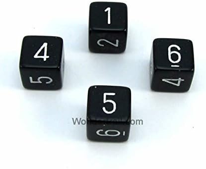 Wondertrail WCXPQ0608E4 Black Opaque Dice with White Numbers D6 Aprox 16mm (5/8in) Pack of 4 Dice Chessex