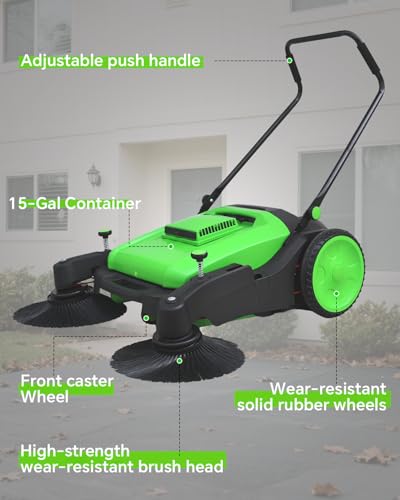 Walk-behind hand push floor sweeper in use