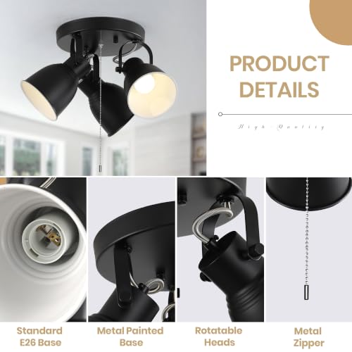 Image of 3-Light Industrial Semi Flush Mount Ceiling Light Fixture with Pull Chain Switch, Adjustable Track Spotlight, Black Metal Close to Ceiling Lamp for Bedroom Kitchen Hallway Living Room, E26