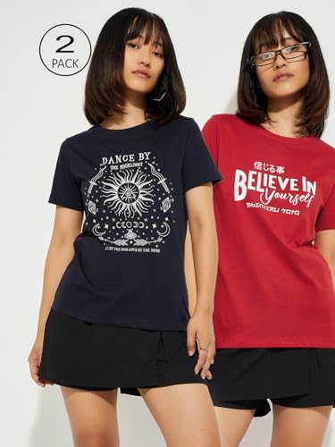 Image of Max Women's Cotton Regular Fit URB N Graphic Printed T-Shirt - Pack of 2