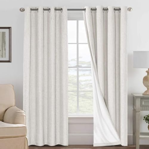 Image of H.VERSAILTEX Linen Curtains 100% Blackout Curtains for Bedroom 102 inch Long Full Light Blocking Nature Linen Blended Window Curtains for Living Room Nickel Grommet (2 Panels, Ivory)
