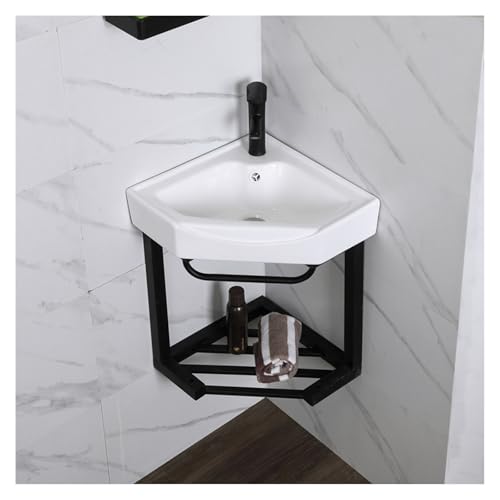Lavandini Ad Angolo per Bagno, Lavabo Ad Angolo su Piedistallo, con Armadietto, con Supporto E Raccordo di Scarico, per Piccoli Spazi (Black 38x49cm)