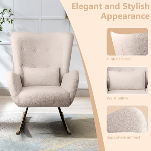 image for LEMBERI Rocking Chair Nursery, Teddy Upholstered Padded Seat Rocking C