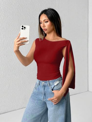 Image of TIVANTE Solid Asymmetrical Shoulder Tie Strap Crop Top for Women