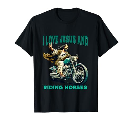 I Love Jesus and Riding Horses Retro Motocicleta Estilo Camiseta