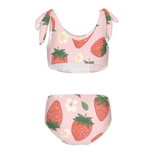 Girls' Bikini Set, Strawberry Green Leaves Cute Flower Kids Swimsuit 2 Pcs Beach Bathing Suit2