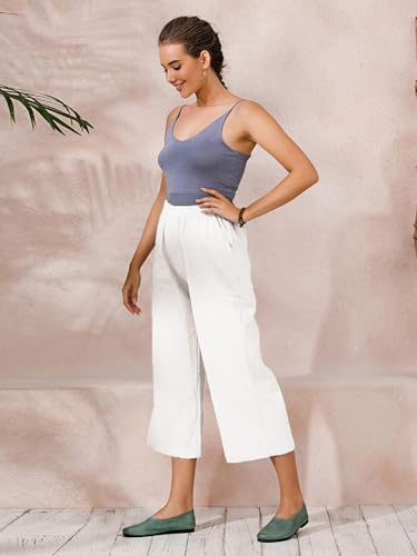 Image of ECUPPER Womens Cotton Cropped Pants Loose Fit Wide Leg Trousers | Casual, Plus Size, Elastic Waist, Capri, 100% Cotton, Slant Pockets, High Rise Waist, Lounge Pants