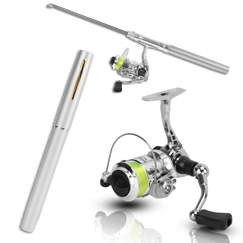 Combinazioni di canna da pesca e mulinello a forma di mini penna, canna da pesca retrattile tascabile a forma di mini penna portatile con ruota per mulinello per la pesca (Argento)
