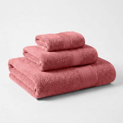 SUPERIOR 100% Cotton 3-Piece Towel Set, Heavyweight Ultra-Plush Absorbent Towels for Bathroom, Spa, Gym, Integrated Hanging Hooks, Set Includes 1 Bath, 1 Hand, 1 Face Towel, Atlas Collection, Blush