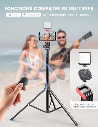 180cm Trepied Smartphone, Extensible Perche a Selfie Trepied Aluminium avec Télécommande sans Fil et Support pour Téléphone Portable, Compatible avec iPhone, Samsung, Appareil Photo et Gopro – Image 5