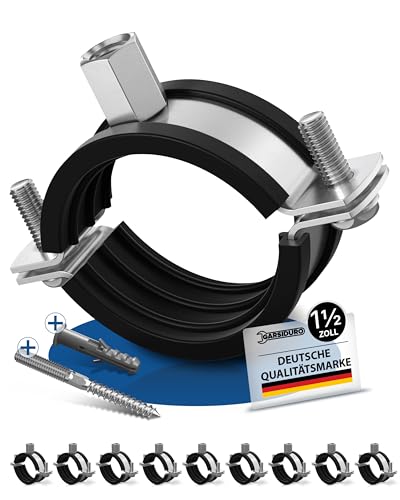 GARSIDURO Profi Rohrschellen | 1 1/2 Zoll (47-51mm) 10 Stück | mit passenden Stockschrauben und Dübeln | Schraubrohrschellen Stahl verzinkt mit Gummieinlage zur Rohrbefestigung Rohrhalterung | 1 1/2